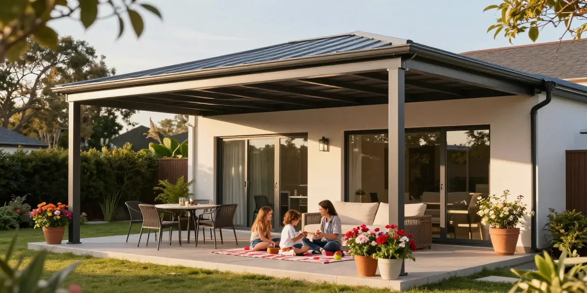 Moderne Terrassenüberdachung mit Familie beim Picknick auf der Terrasse, blühende Pflanzen und stilvolle Möbel umgeben von hellem Sonnenlicht.