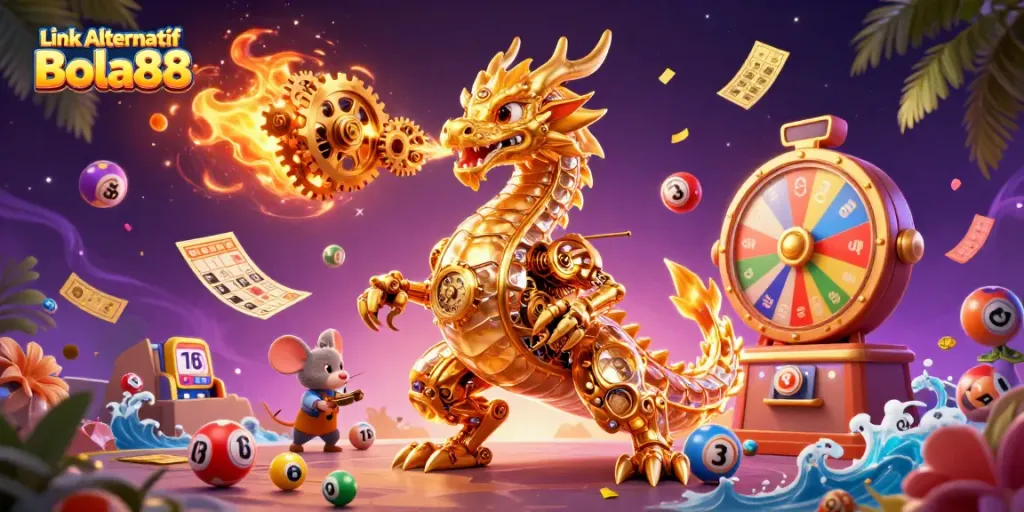 Experience thrilling action with Link Alternatif Bola88 as vibrant lottery balls and a golden dragon create excitement.