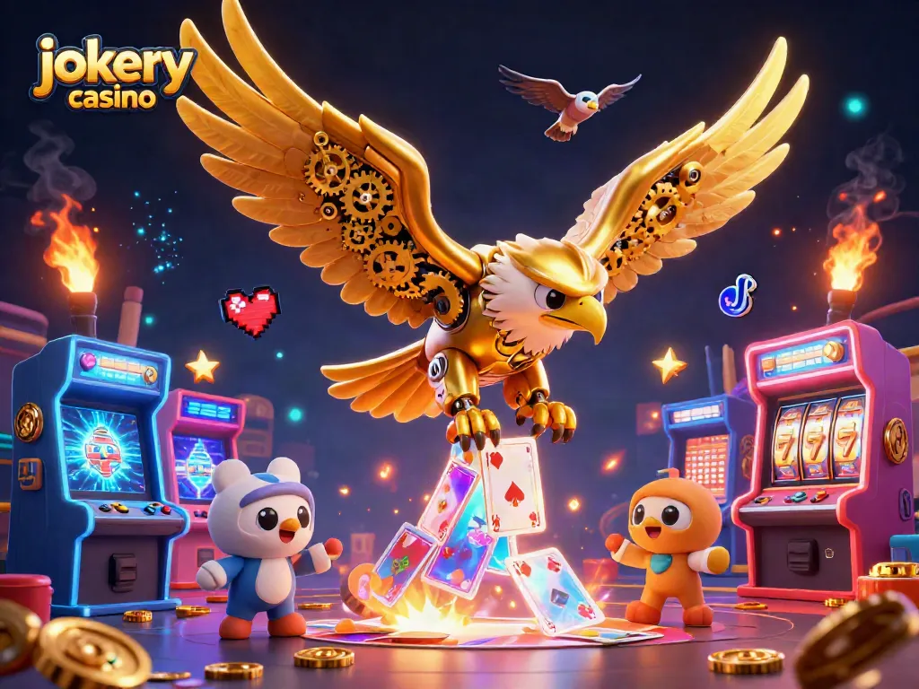 Experience the thrill of jokery casino gameplay with a vibrant 3D illustration of a golden eagle amidst gaming action.