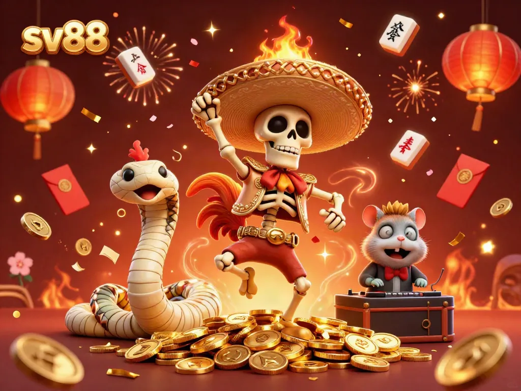 Celebrate wins at sv88 with colorful illustrations of a skeleton mariachi rooster on gold coins in a vibrant casino scene.