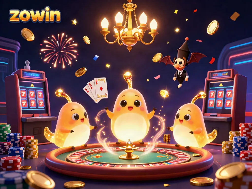 Zowin illuminates with glowworms in a vibrant casino scene featuring spinning roulette, colorful chips, and winnings.