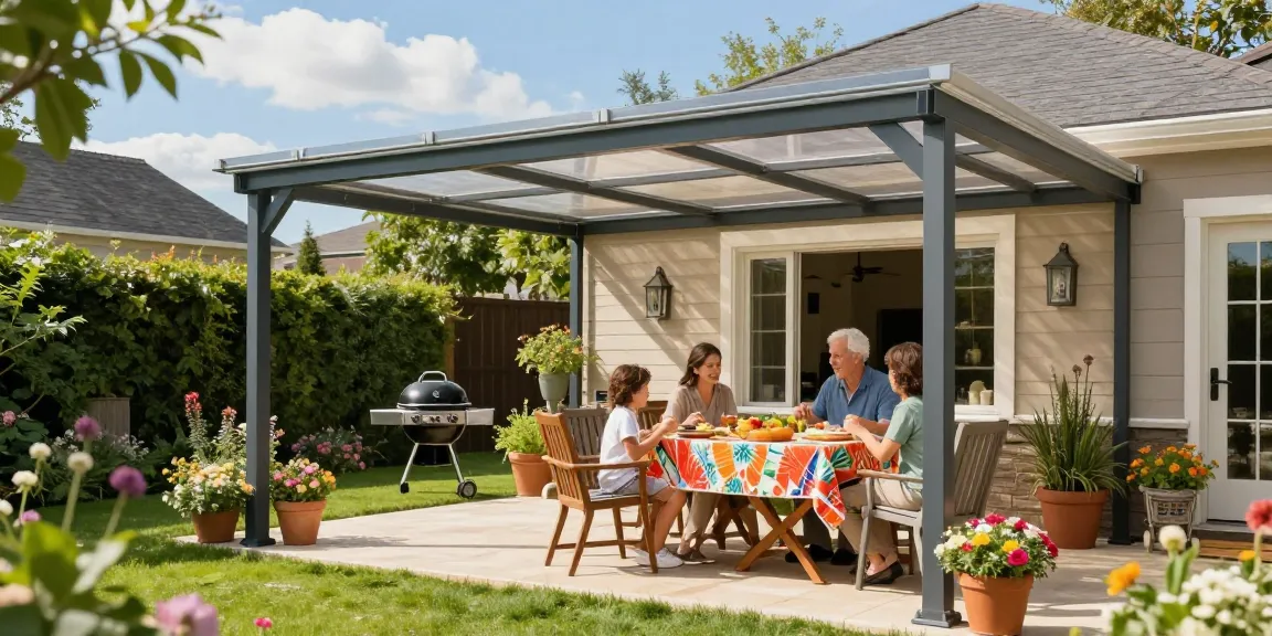 Familie genießt das Essen unter der freistehenden Terrassenüberdachung im Garten.