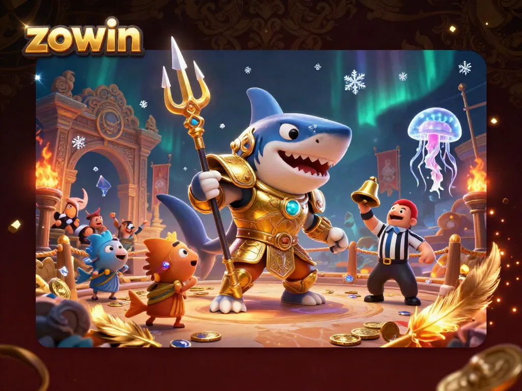 Experience vibrant gambling excitement with zowin featuring a fierce shark and cheering fish.