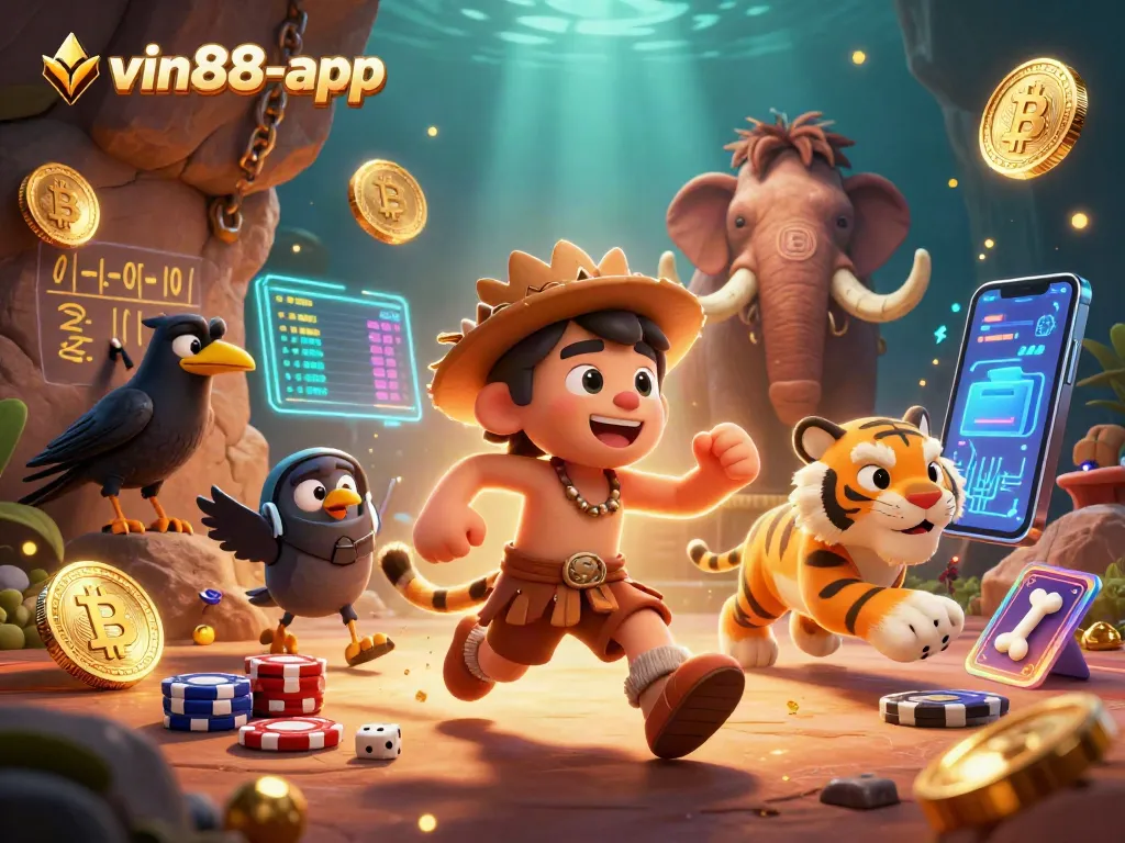 Experience excitement at vin88-app with 3D visuals of a prehistoric casino scene featuring unique characters and gaming elements.