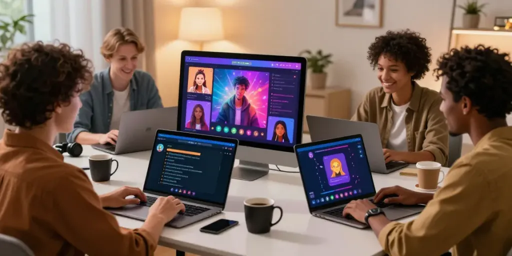 Engaging adults exploring horny AI chat on digital devices, vibrant interactions.