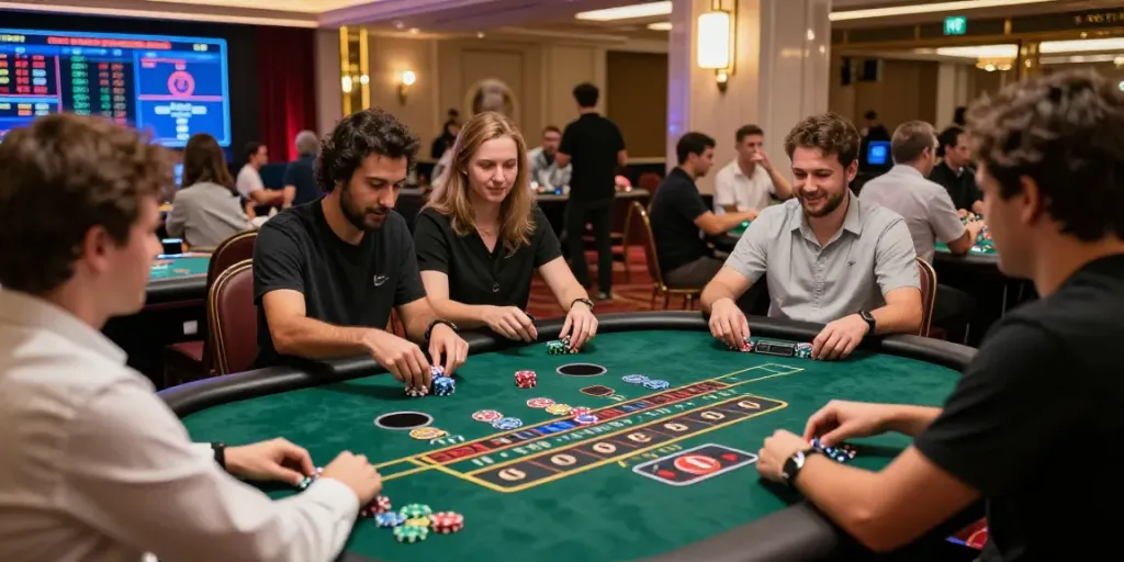 iwin live casino scene with players enjoying various games and a vibrant atmosphere.