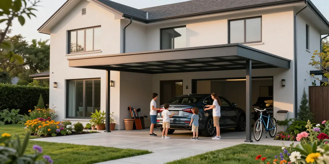 Modernes Carport für Autos in einem einladenden Garten mit Familie, die sich auf die Nutzung vorbereitet.
