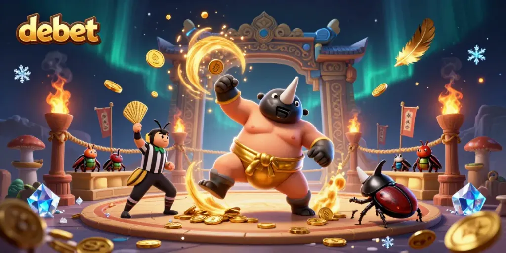 Experience thrilling betting action in debet with a vibrant sumo beetle championship scene.