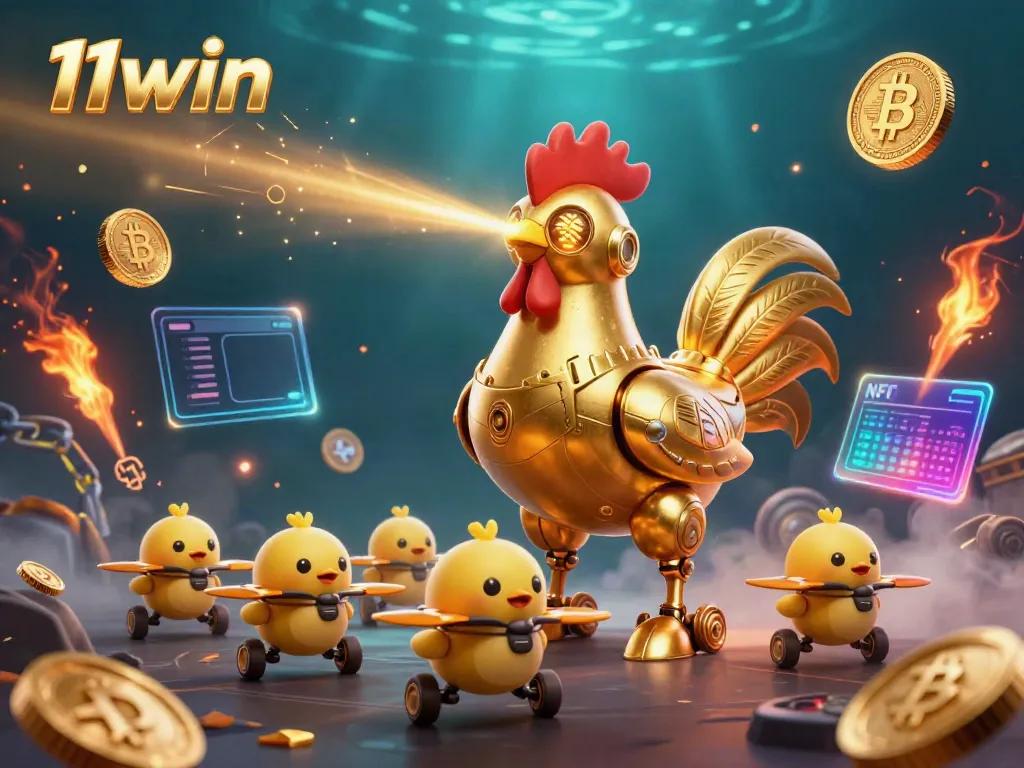 Play and win with 11win's vibrant graphics showcasing digital currency and gaming elements.