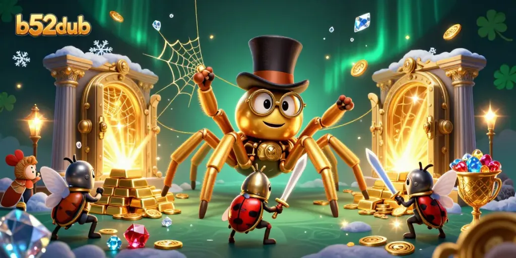 b52club showcases a vibrant casino scene with a golden tarantula and treasure, inviting players to engage.