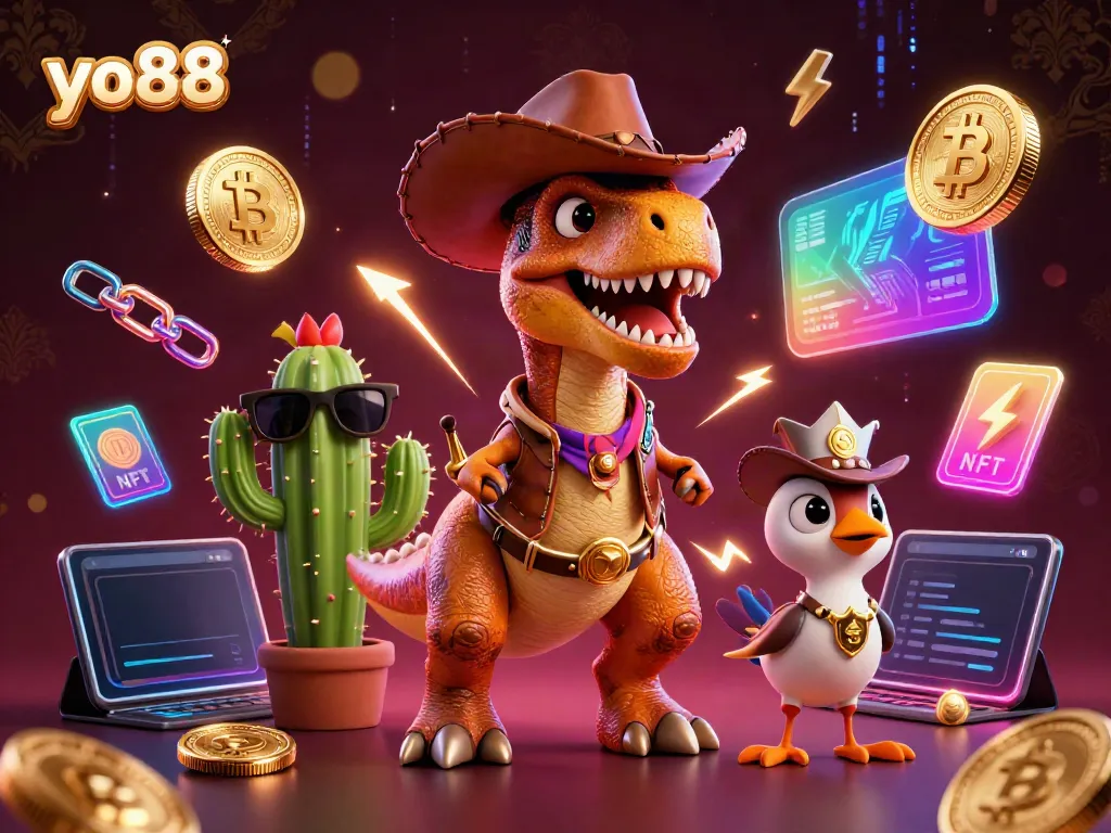 Experience thrilling gaming at yo88 with a lively 3D scene featuring fun characters and cryptocurrency elements.