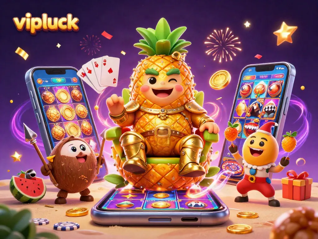 Join the fun with vipluck's vibrant casino world featuring a golden pineapple king and dynamic game elements.