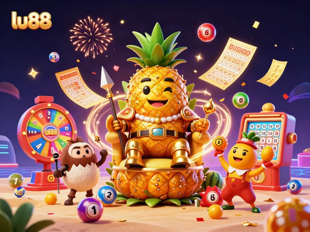 Experience thrilling gaming action at lu88 with a vibrant casino scene featuring the golden pineapple king and his companions.