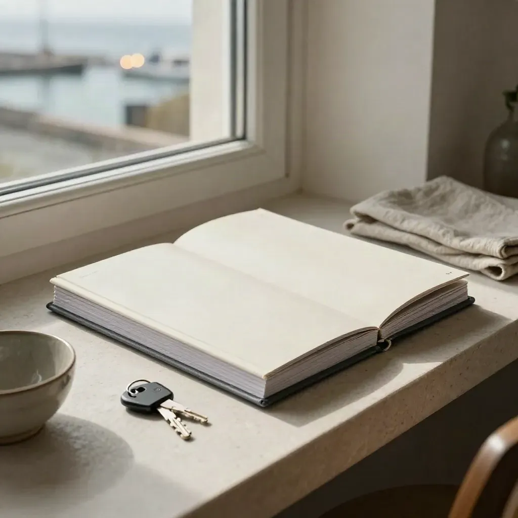 Offenes Premium-Folio am Fenster eines hellen Küstenapartments mit Keramikschale und Leinentuch