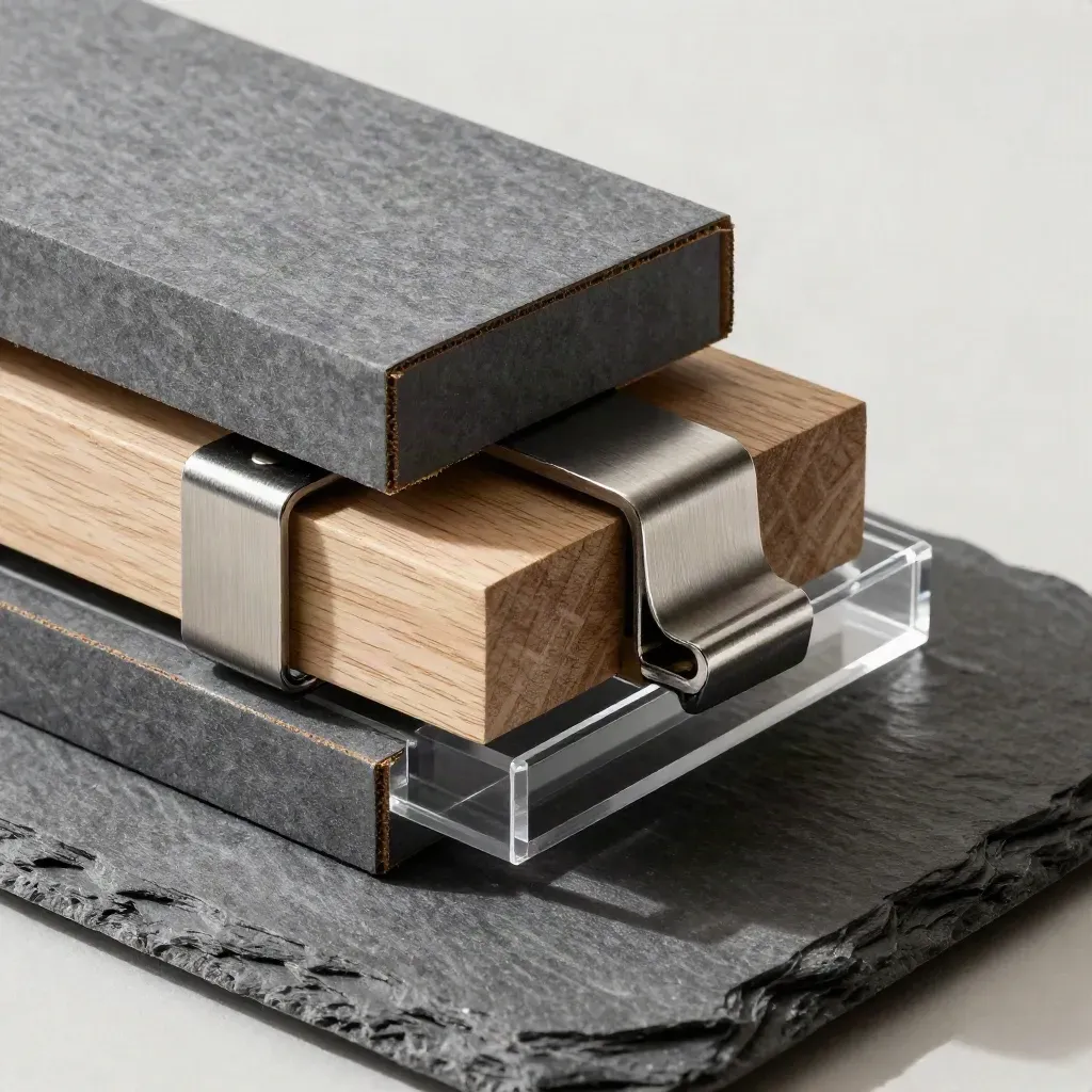 Makro eines Cashflow-Rechner-Portfolios aus Karton, Holz, Metall und Acryl auf hellem Studiogrund.