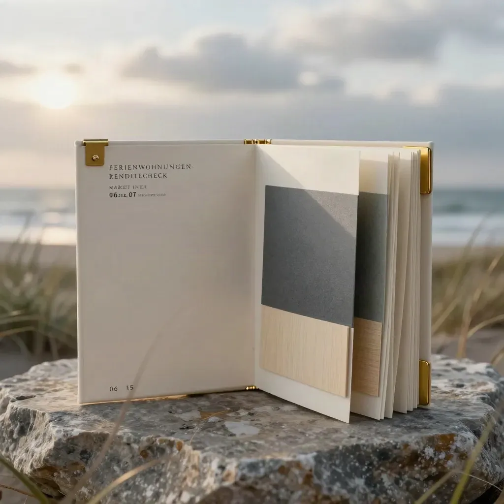 Cremefarbenes Renditecheck-Folio mit Materialmustern an einer Küstenkante im Morgenlicht.