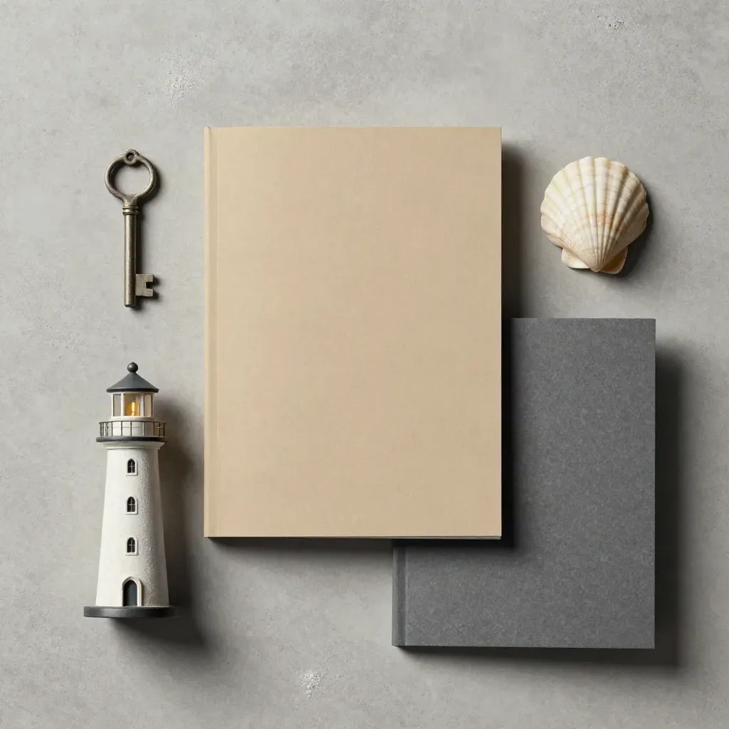 Nordsee-Analysemappe mit Steinprobe, Leuchtturm und Muschel im strengen Flatlay.
