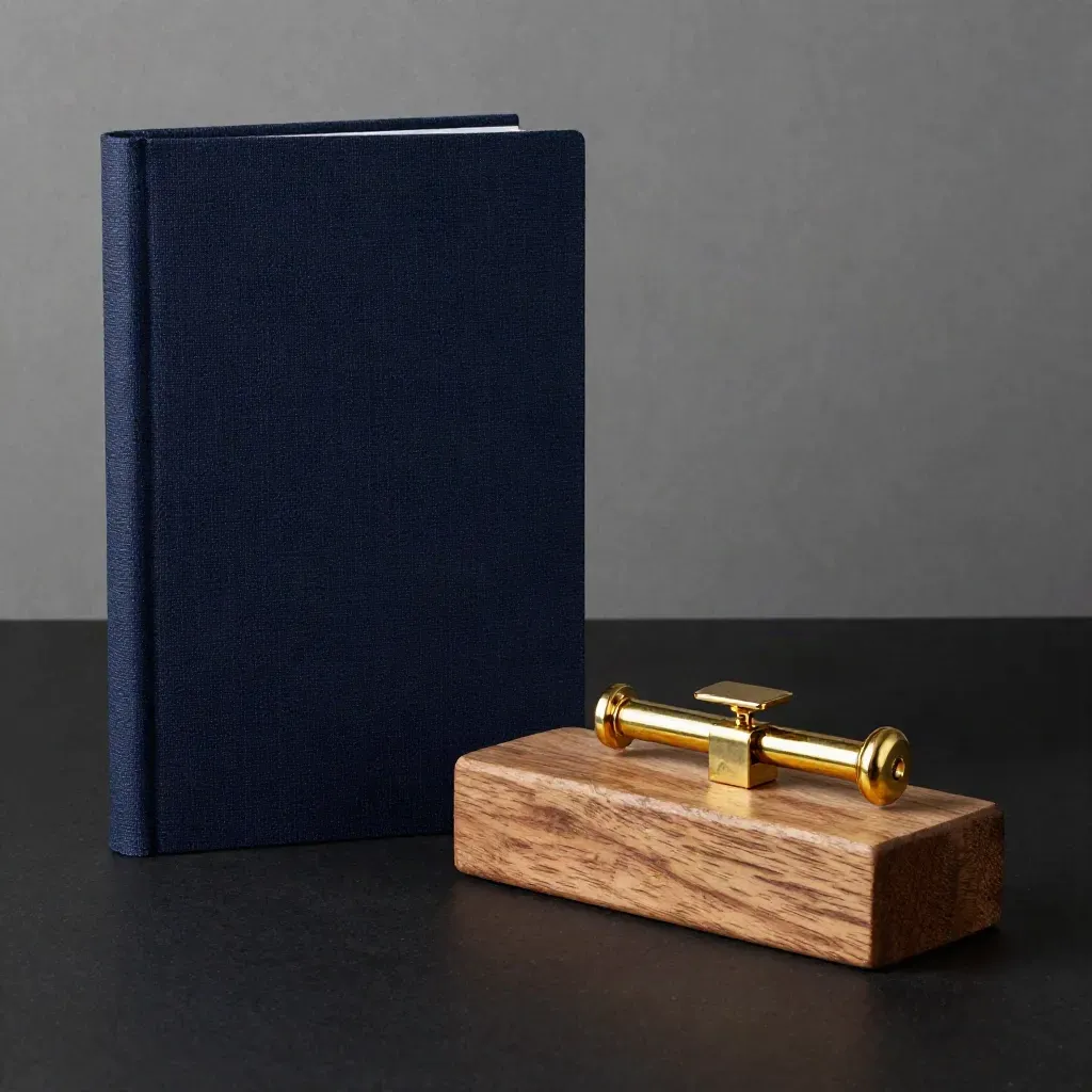 Premium-Folio mit goldener Klammer, Steinprobe und Holzstück auf dunklem Sockel.