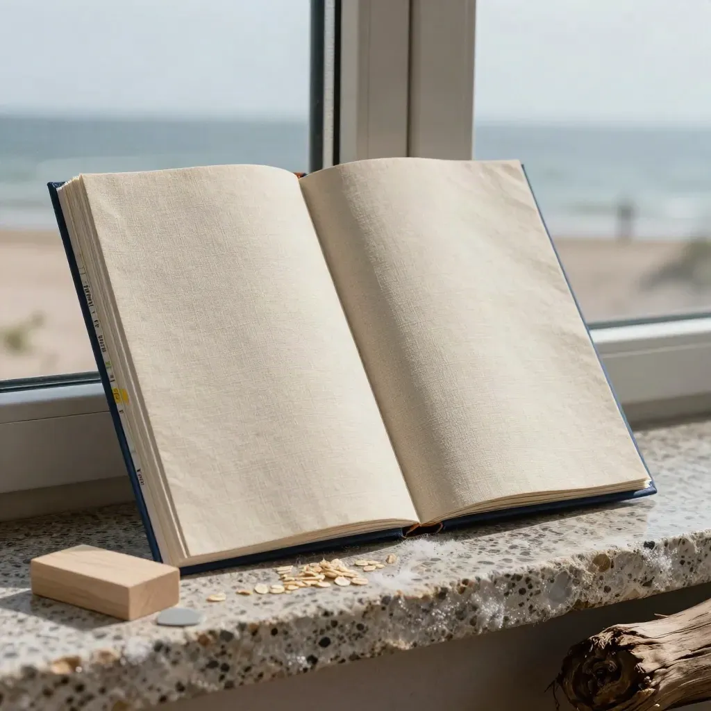 Leinen-Standortmappe mit Muschel, Holz und Stein auf Travertin am Meer