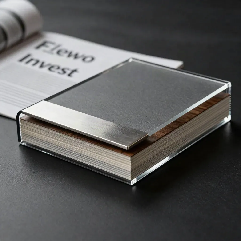 Graues Cashflow-Folio mit Acrylkante, Metallclip und dunkler Holzprobe auf schwarzer Fläche.