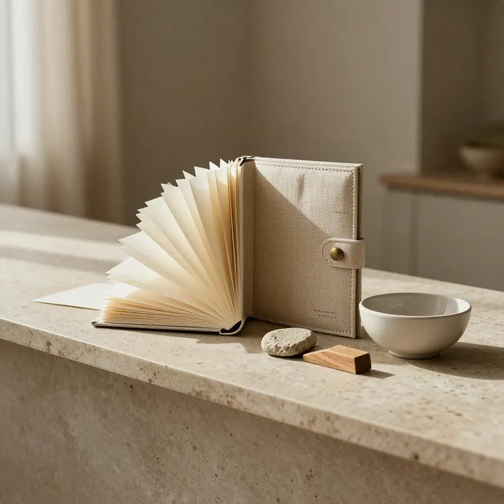 Exposé-Check-Plus-Folio mit Steinprobe, Holzkeil und Schale auf hellem Travertin.