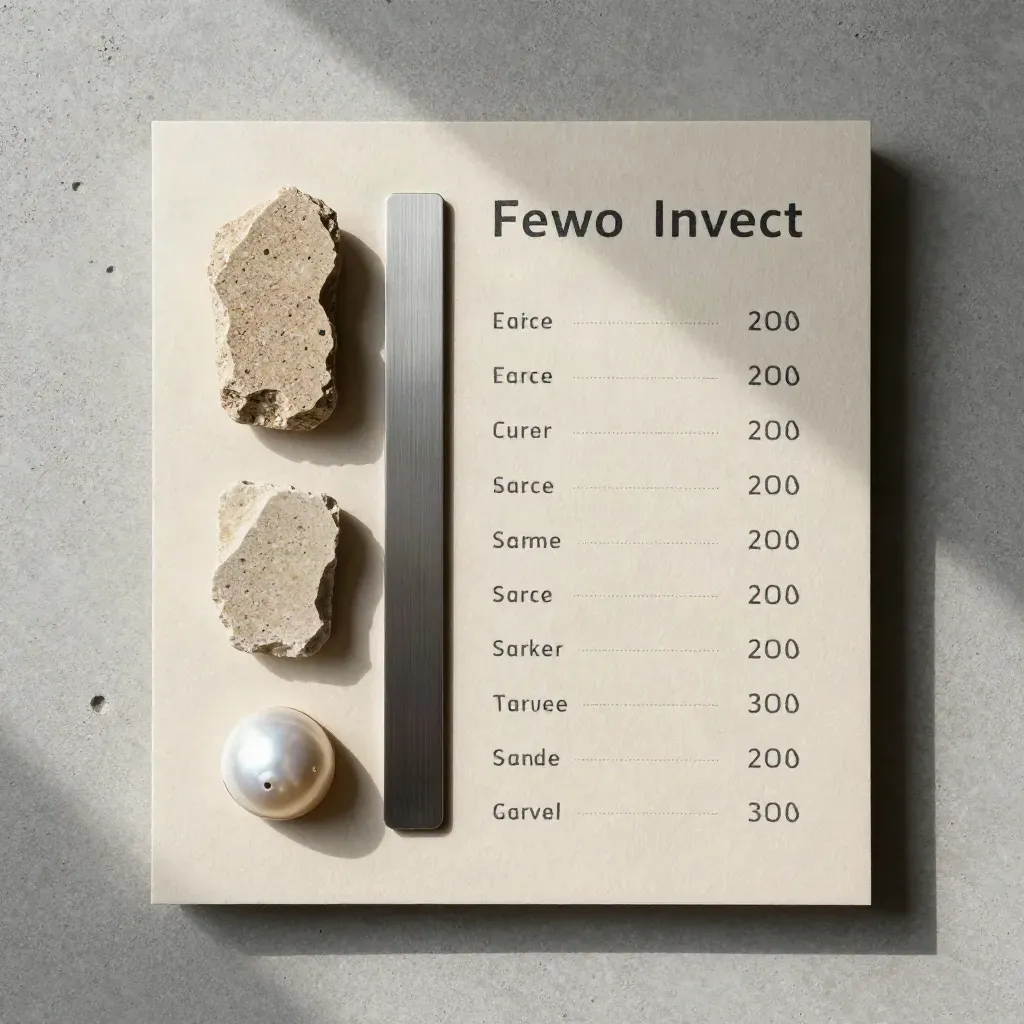 Flaches Analyseboard mit Sandstein, Metallstreifen und Muschel auf hellem Beton.