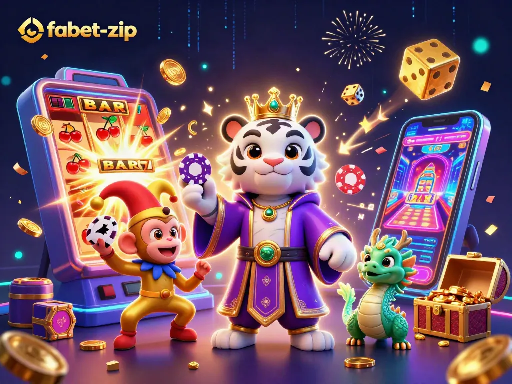 Experience thrilling gameplay at fabet-zip with vibrant casino characters and dynamic slot machines.