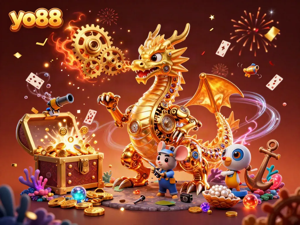 Experience thrilling gameplay with yo88 in a vibrant, packed casino scene featuring a golden dragon and treasure.
