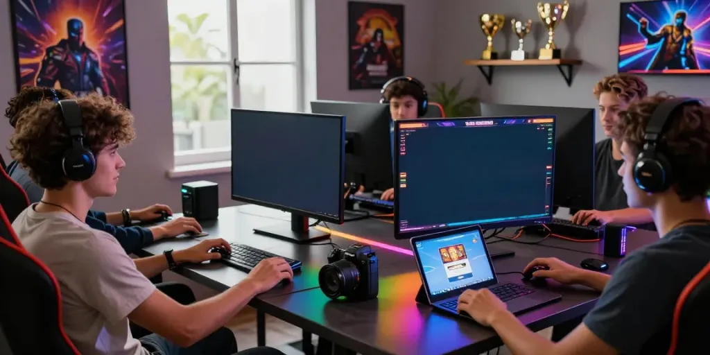 Engaging group of friends enjoying Slot88 login on a vibrant gaming setup.