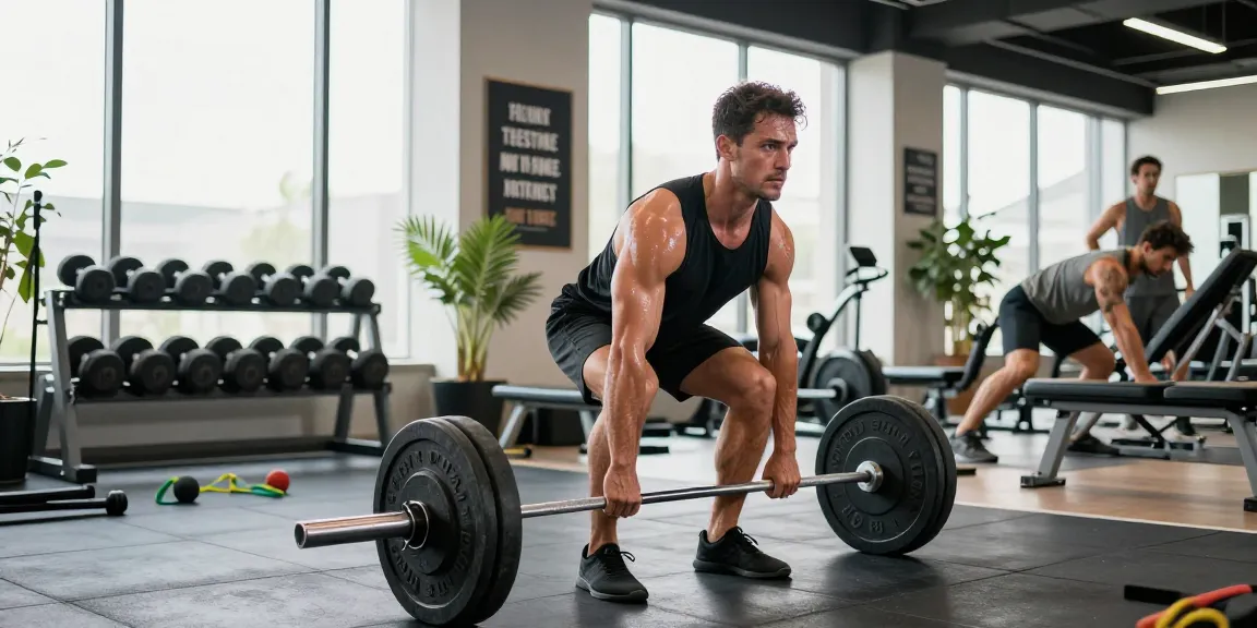 Ein Muskelmann beim Deadlift im Steroidshop Fitnessstudio, umgeben von Trainingsgeräten.
