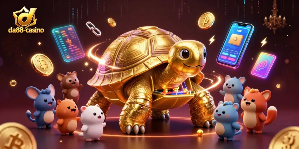 Engage in thrilling gameplay at da88-casino with a giant tortoise pinball machine and vibrant crypto elements.