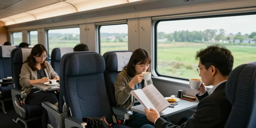 Zugtickets 1. Klasse - Fahrgast in luxuriösem Abteil mit Kaffee und Magazin.