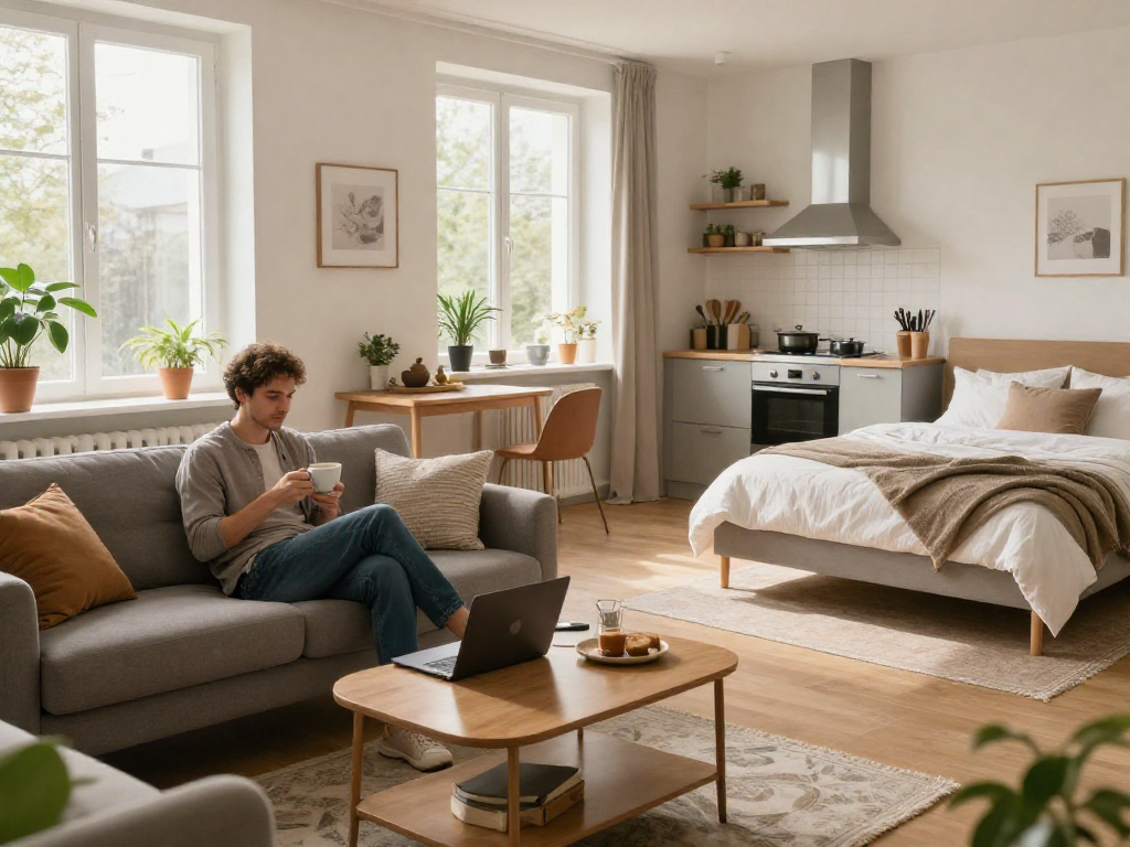 Gemütliche Monteurwohnung Hannover mit modernem Wohnzimmer und voll ausgestatteter Küche.