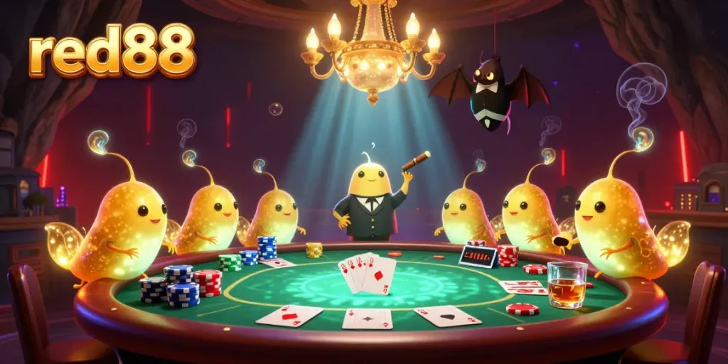 Engage in thrilling gameplay at red88 with a vibrant glowworm casino scene featuring a bat dealer, poker elements, and bioluminescent effects.