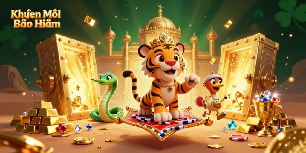 Experience the thrill of Khuyến Mãi Bảo Hiểm with a vibrant 3D casino illustration featuring a sultan tiger and treasure.