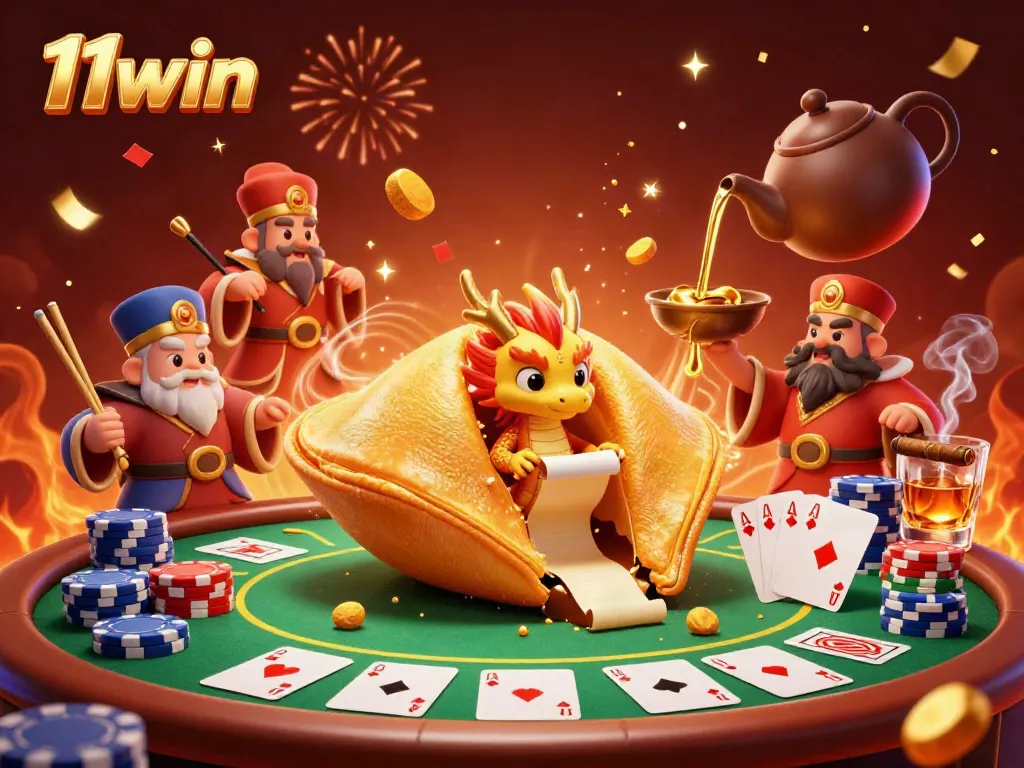 Engage with 11win's vibrant casino scene featuring a dynamic fortune cookie, dragon, and poker elements.