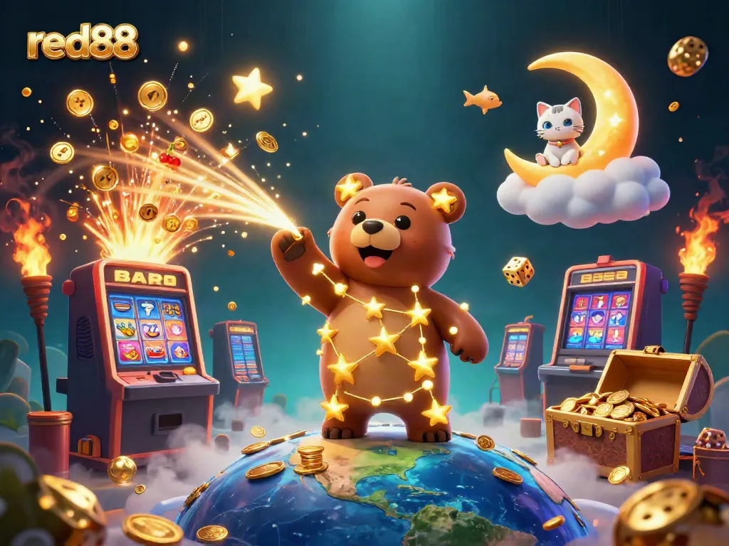 Engage in thrilling gameplay with red88, featuring colorful casino elements and starry characters.