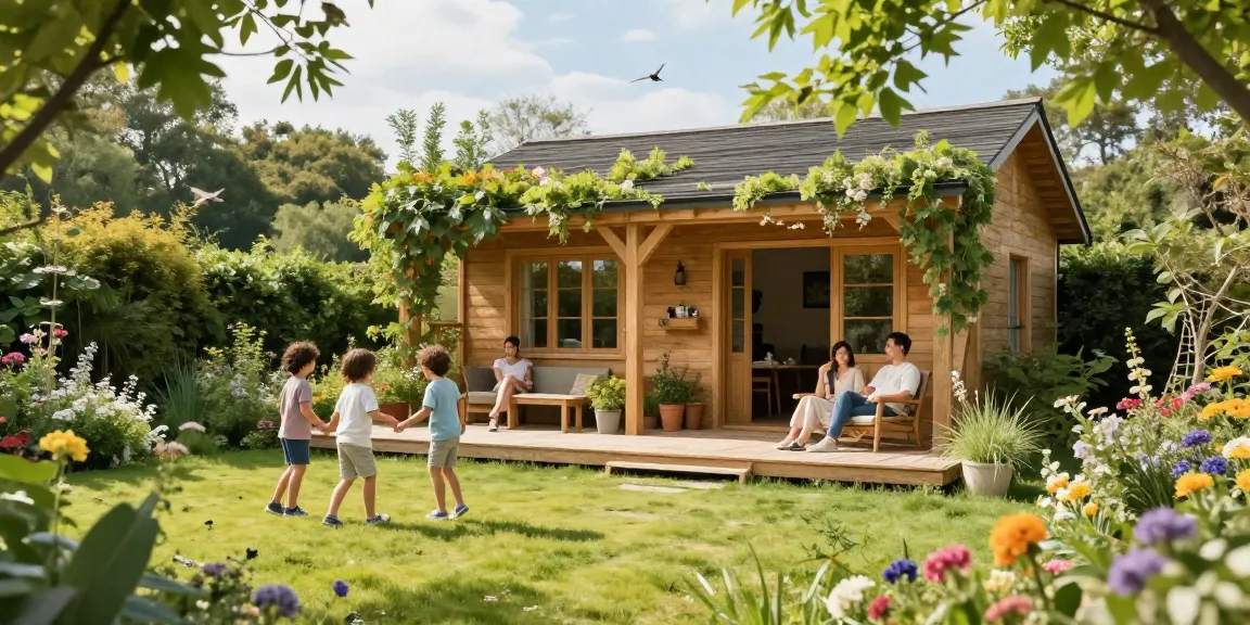 Schönes Garten Haus mit Familie im Garten, das Freude und Entspannung bietet.
