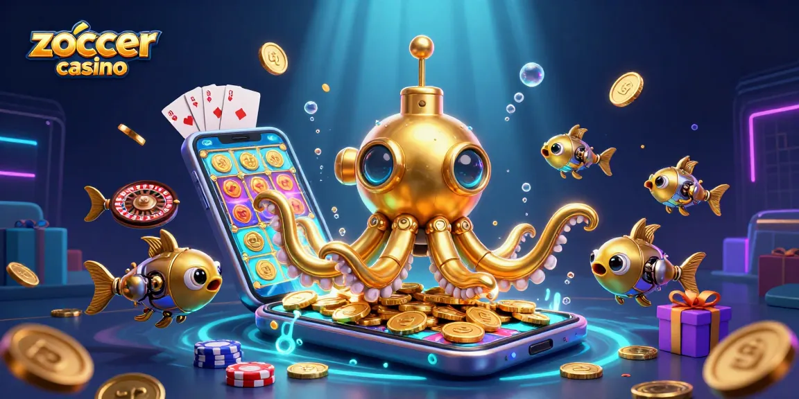 Zoccer Casino features a vibrant underwater scene, showcasing a golden kraken submarine amidst golden coins, mobile game elements, and dynamic casinoscape.