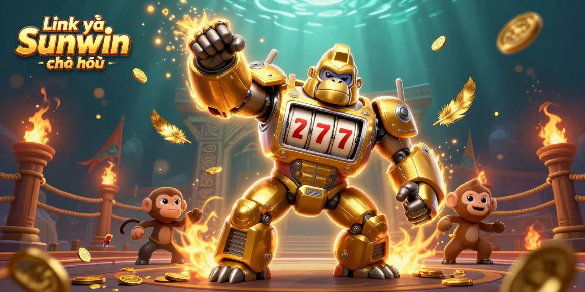 Engage with Link vào Sunwin chính thức in this dynamic 3D casino scene featuring a golden gorilla mech and vibrant gaming elements.