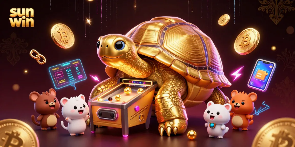 Experience the thrilling sun win action with a golden tortoise as a pinball machine amidst energetic gaming elements.