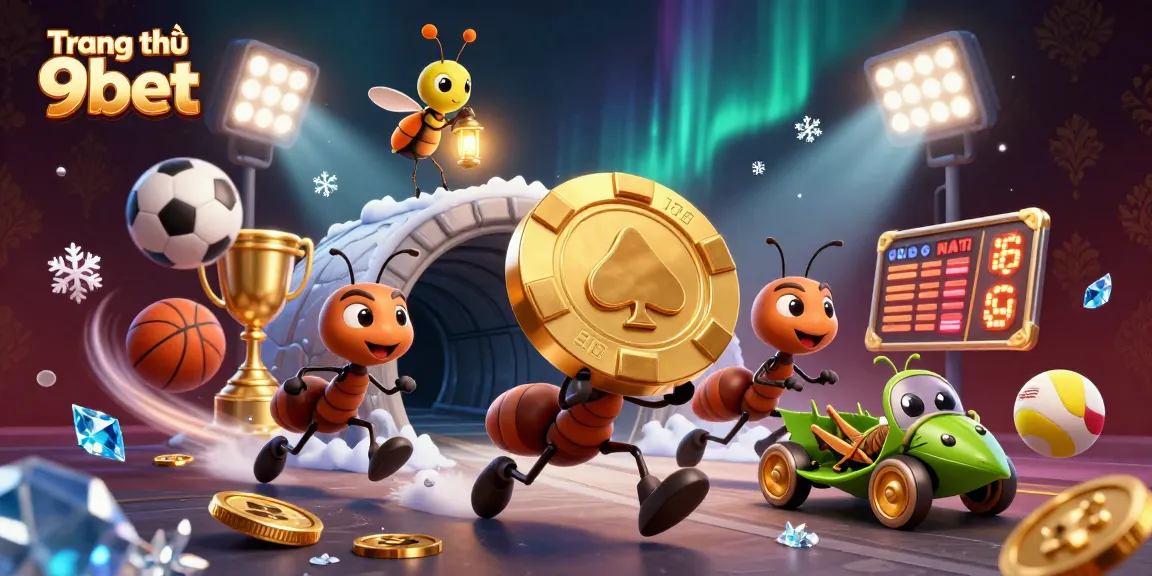 Engaging 3D scene featuring Trang chủ 9bet ant heist with poker chip, sports elements, and vibrant background.